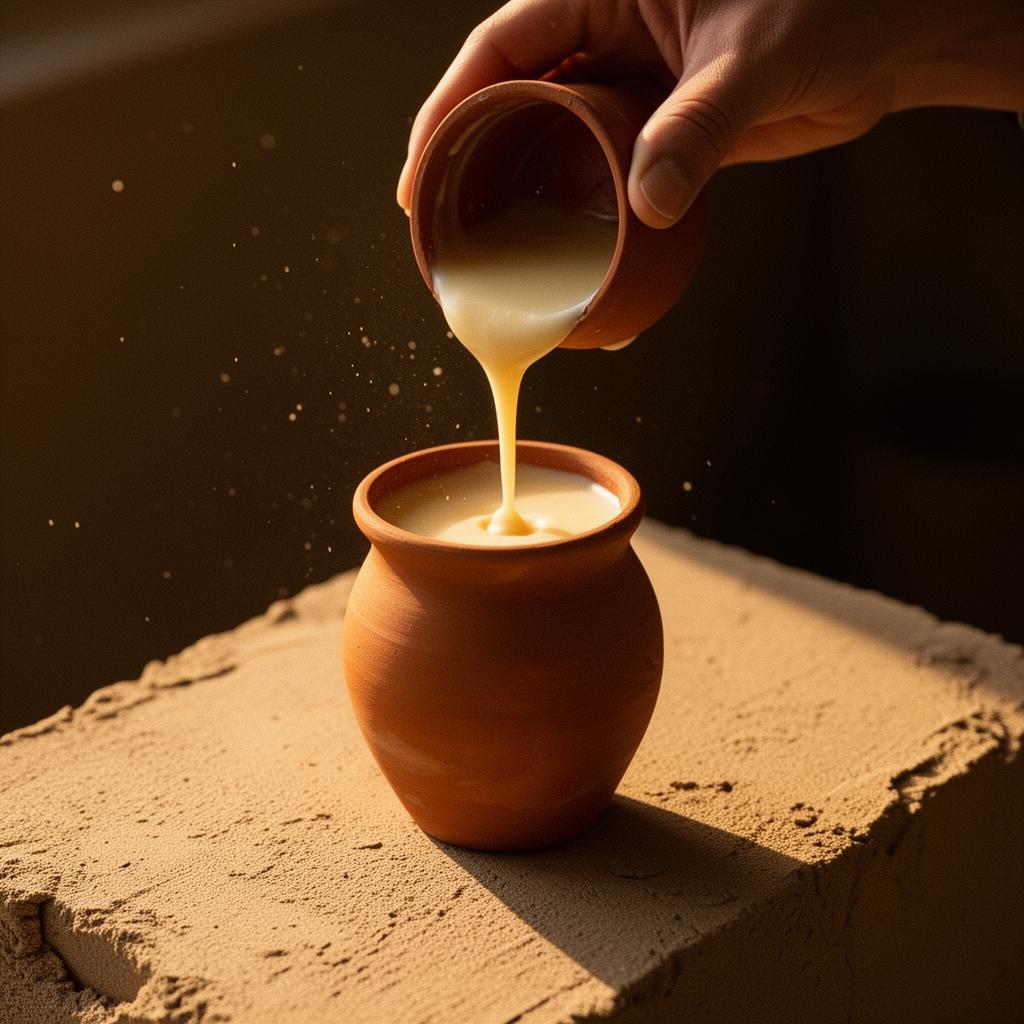 Warm candle wax being hand-poured into a terracotta vessel in golden afternoon light